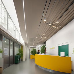 Design a receptionist building for a public service information system, linked with an open corridor leading to a classroom area