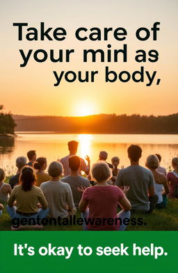 A public service announcement (PSA) poster promoting mental health awareness, featuring a serene and calming nature scene with a sunrise over a tranquil lake