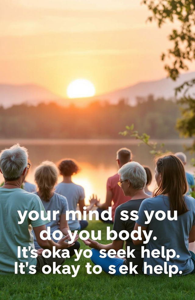 A public service announcement (PSA) poster promoting mental health awareness, featuring a serene and calming nature scene with a sunrise over a tranquil lake