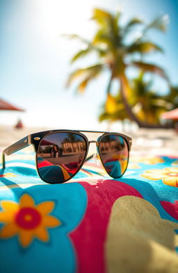 A vibrant and artistic depiction of a pair of stylish sunglasses resting on a colorful beach towel