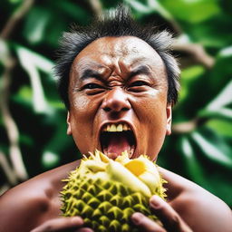 A bold individual eating the raw, sharp, spiky thorns of a durian peel, their face expressing a mix of thrill and discomfort.