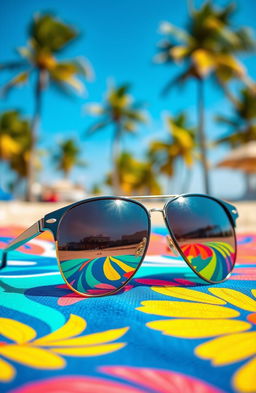 A vibrant and artistic depiction of a pair of stylish sunglasses resting on a colorful beach towel