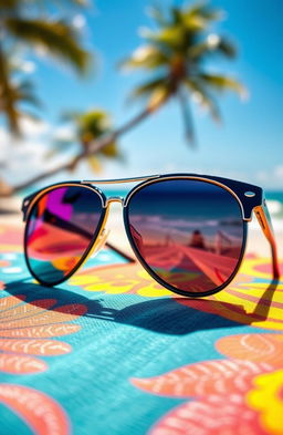 A vibrant and artistic depiction of a pair of stylish sunglasses resting on a colorful beach towel