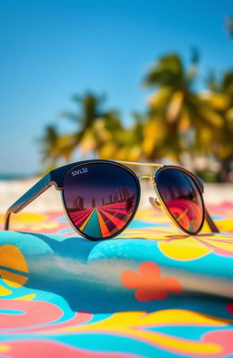 A vibrant and artistic depiction of a pair of stylish sunglasses resting on a colorful beach towel