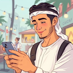 Illustrate a young Arab man looking thoughtfully at his smartphone