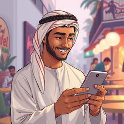Illustrate a young Arab man looking thoughtfully at his smartphone