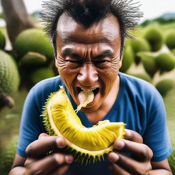 A bold individual eating the raw, sharp, spiky thorns of a durian peel, their face expressing a mix of thrill and discomfort.