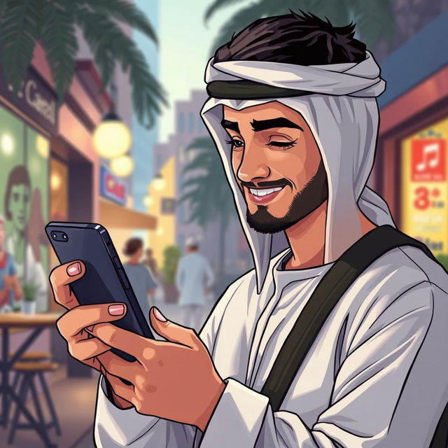 Illustrate a young Arab man looking thoughtfully at his smartphone