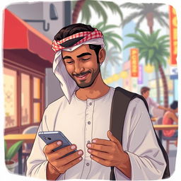 Illustrate a young Arab man looking thoughtfully at his smartphone