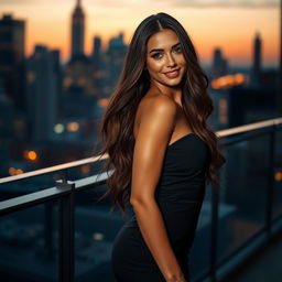 A beautiful woman with long flowing hair, wearing a fitted, elegant dress that accentuates her curves
