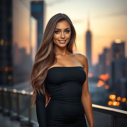 A beautiful woman with long flowing hair, wearing a fitted, elegant dress that accentuates her curves