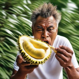 A bold individual eating the raw, sharp, spiky thorns of a durian peel, their face expressing a mix of thrill and discomfort.