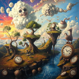 A surrealist painting featuring dreamlike landscapes with twisted trees, floating islands, and peculiar creatures