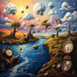A surrealist painting featuring dreamlike landscapes with twisted trees, floating islands, and peculiar creatures