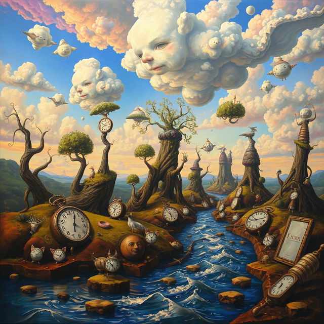 A surrealist painting featuring dreamlike landscapes with twisted trees, floating islands, and peculiar creatures