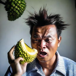 A bold individual eating the raw, sharp, spiky thorns of a durian peel, their face expressing a mix of thrill and discomfort.