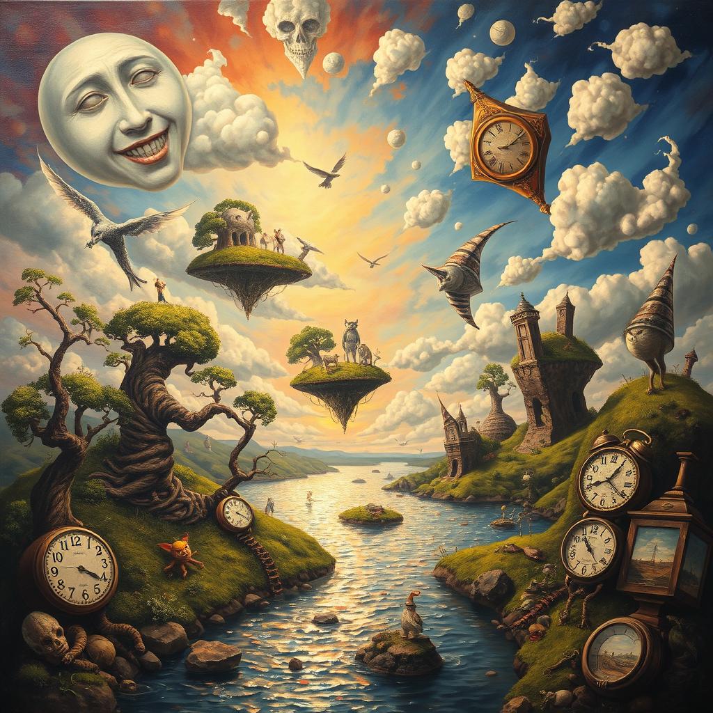 A surrealist painting featuring dreamlike landscapes with twisted trees, floating islands, and peculiar creatures