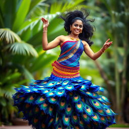 A full-length portrait of a bold Sri Lankan woman dancing gracefully in a stunning dress made of peacock feathers, featuring vibrant blue, green, and yellow colors