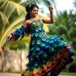 A full-length portrait of a bold Sri Lankan woman dancing gracefully in a stunning dress made of peacock feathers, featuring vibrant blue, green, and yellow colors