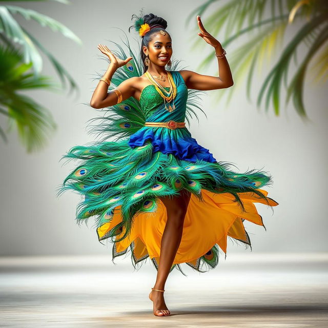 A full-length portrait of a bold Sri Lankan woman dancing gracefully in a stunning dress made of peacock feathers, featuring vibrant blue, green, and yellow colors