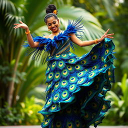 A full-length portrait of a bold Sri Lankan woman dancing gracefully in a stunning dress made of peacock feathers, featuring vibrant blue, green, and yellow colors