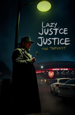 A detective in a long trench coat stands under a street lamp at night near the Arsenal stadium, looking contemplative and holding a magnifying glass, with shadows cast dramatically around him