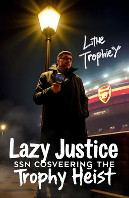 A detective in a long trench coat stands under a street lamp at night near the Arsenal stadium, looking contemplative and holding a magnifying glass, with shadows cast dramatically around him