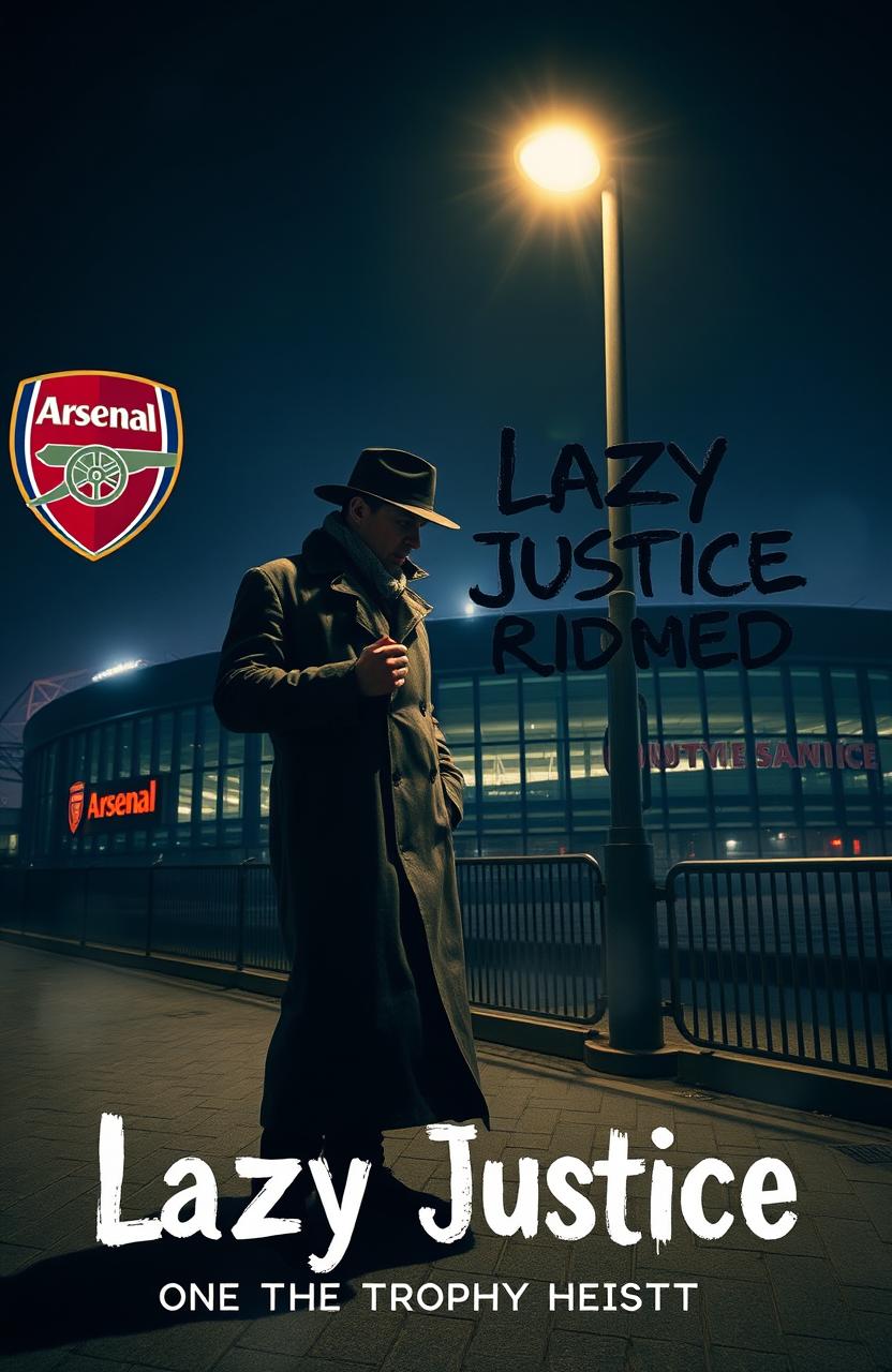 A detective in a long trench coat stands under a street lamp at night near the Arsenal stadium, looking contemplative and holding a magnifying glass, with shadows cast dramatically around him