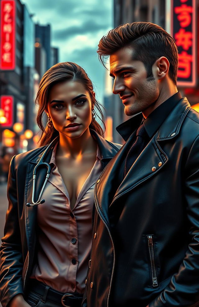 A dramatic scene depicting a stylish mafia girl with a fierce look, wearing high-end fashion with a sleek black leather jacket adorned with gold embellishments