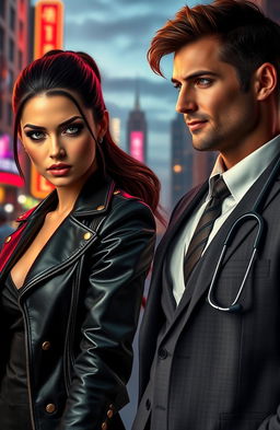 A dramatic scene depicting a stylish mafia girl with a fierce look, wearing high-end fashion with a sleek black leather jacket adorned with gold embellishments