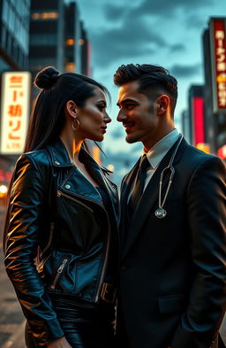 A dramatic scene depicting a stylish mafia girl with a fierce look, wearing high-end fashion with a sleek black leather jacket adorned with gold embellishments