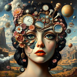 A surrealist painting where multiple surreal elements and objects intricately come together to form the face of a woman