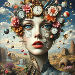 A surrealist painting where multiple surreal elements and objects intricately come together to form the face of a woman