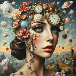 A surrealist painting where multiple surreal elements and objects intricately come together to form the face of a woman
