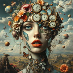 A surrealist painting where multiple surreal elements and objects intricately come together to form the face of a woman