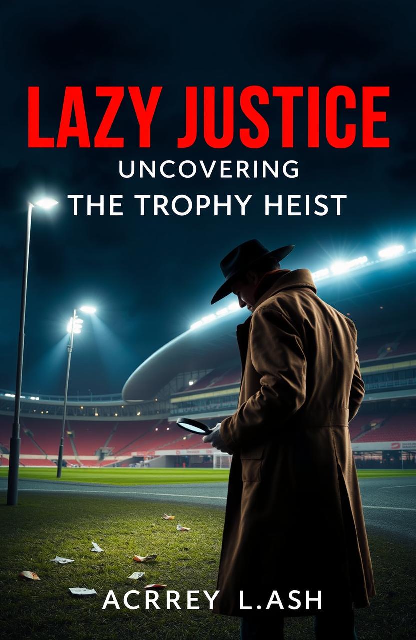 A nighttime scene at Arsenal Stadium showcasing a detective investigating a crime scene