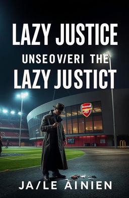 A nighttime scene at Arsenal Stadium showcasing a detective investigating a crime scene