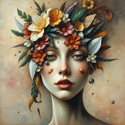 A surrealist painting depicting the face of a woman created from a variety of different elements, such as flowers, feathers, geometric shapes, and natural objects like leaves and stones