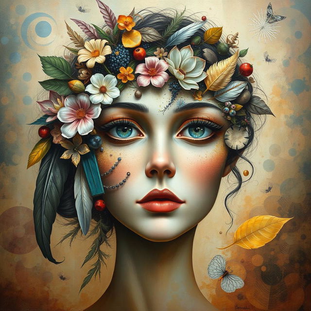 A surrealist painting depicting the face of a woman created from a variety of different elements, such as flowers, feathers, geometric shapes, and natural objects like leaves and stones