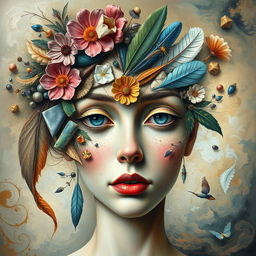 A surrealist painting depicting the face of a woman created from a variety of different elements, such as flowers, feathers, geometric shapes, and natural objects like leaves and stones