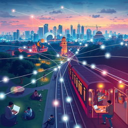 A conceptual illustration portraying the blurring boundaries between home, work, and transit in Mumbai, emphasizing the impact of digital networks on urban life