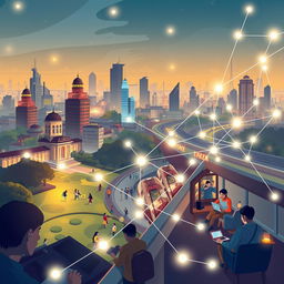 A conceptual illustration portraying the blurring boundaries between home, work, and transit in Mumbai, emphasizing the impact of digital networks on urban life