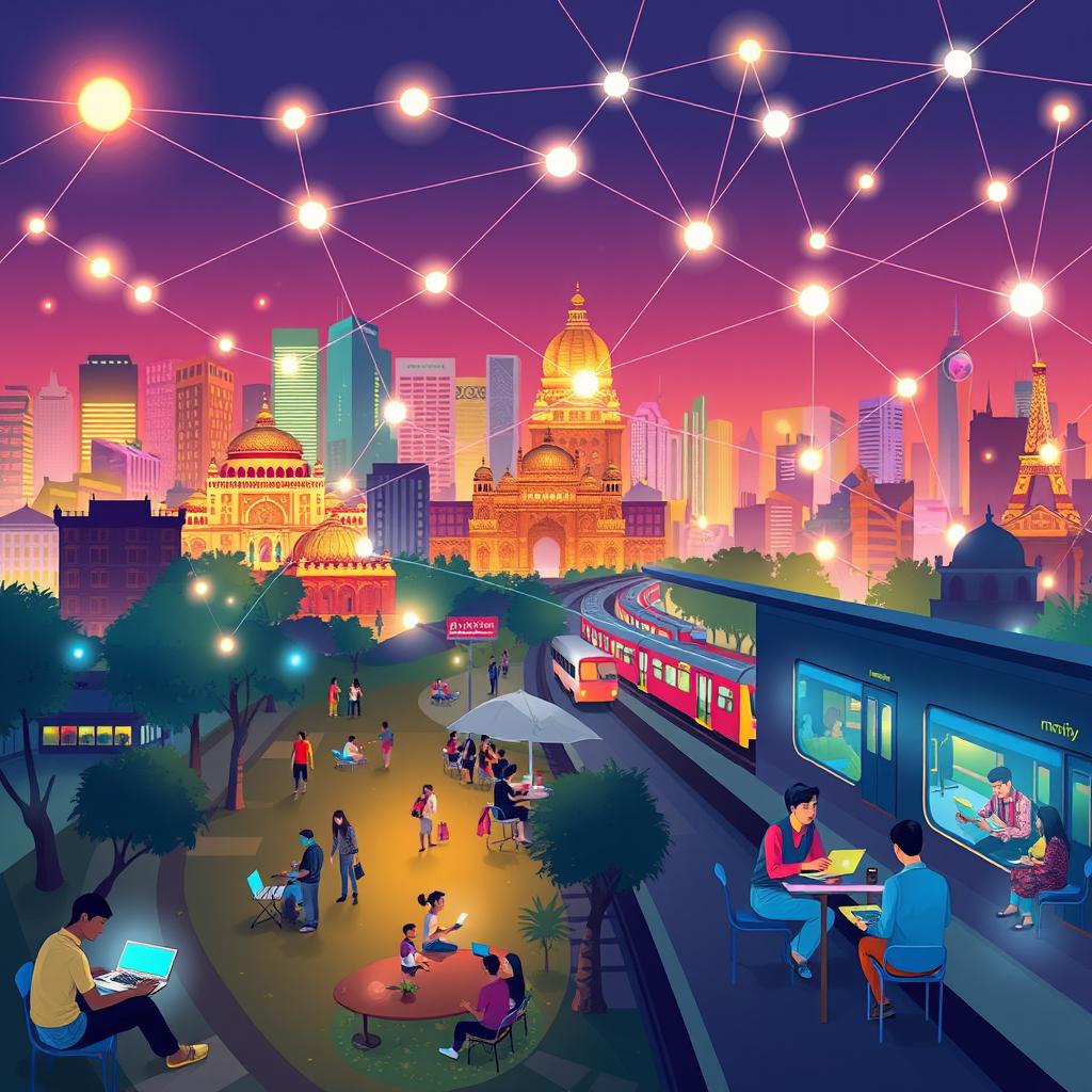 A conceptual illustration portraying the blurring boundaries between home, work, and transit in Mumbai, emphasizing the impact of digital networks on urban life