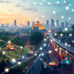 A conceptual illustration portraying the blurring boundaries between home, work, and transit in Mumbai, emphasizing the impact of digital networks on urban life