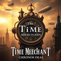 A captivating book cover design for 'The Time Merchant' by Chronos Deal, featuring a striking steampunk aesthetic