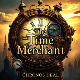 A captivating book cover design for 'The Time Merchant' by Chronos Deal, featuring a striking steampunk aesthetic