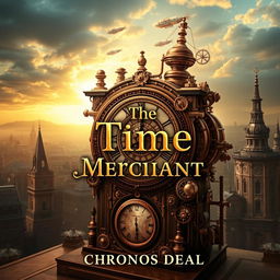 A captivating book cover design for 'The Time Merchant' by Chronos Deal, featuring a striking steampunk aesthetic