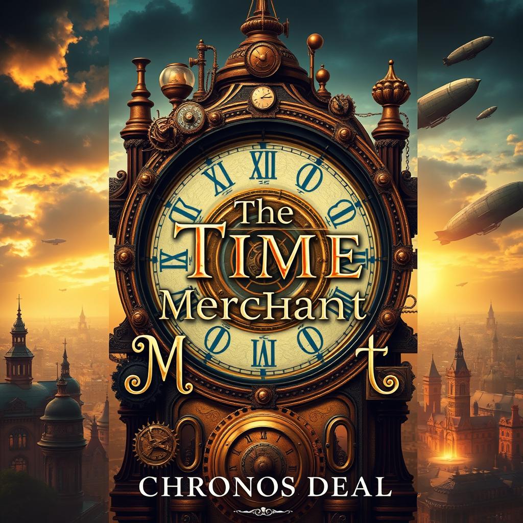 A captivating book cover design for 'The Time Merchant' by Chronos Deal, featuring a striking steampunk aesthetic