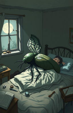 An imaginative illustration inspired by Kafka's 'Metamorphosis', depicting a surreal scene where a man transforms overnight into a giant insect