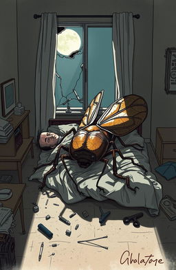 An imaginative illustration inspired by Kafka's 'Metamorphosis', depicting a surreal scene where a man transforms overnight into a giant insect